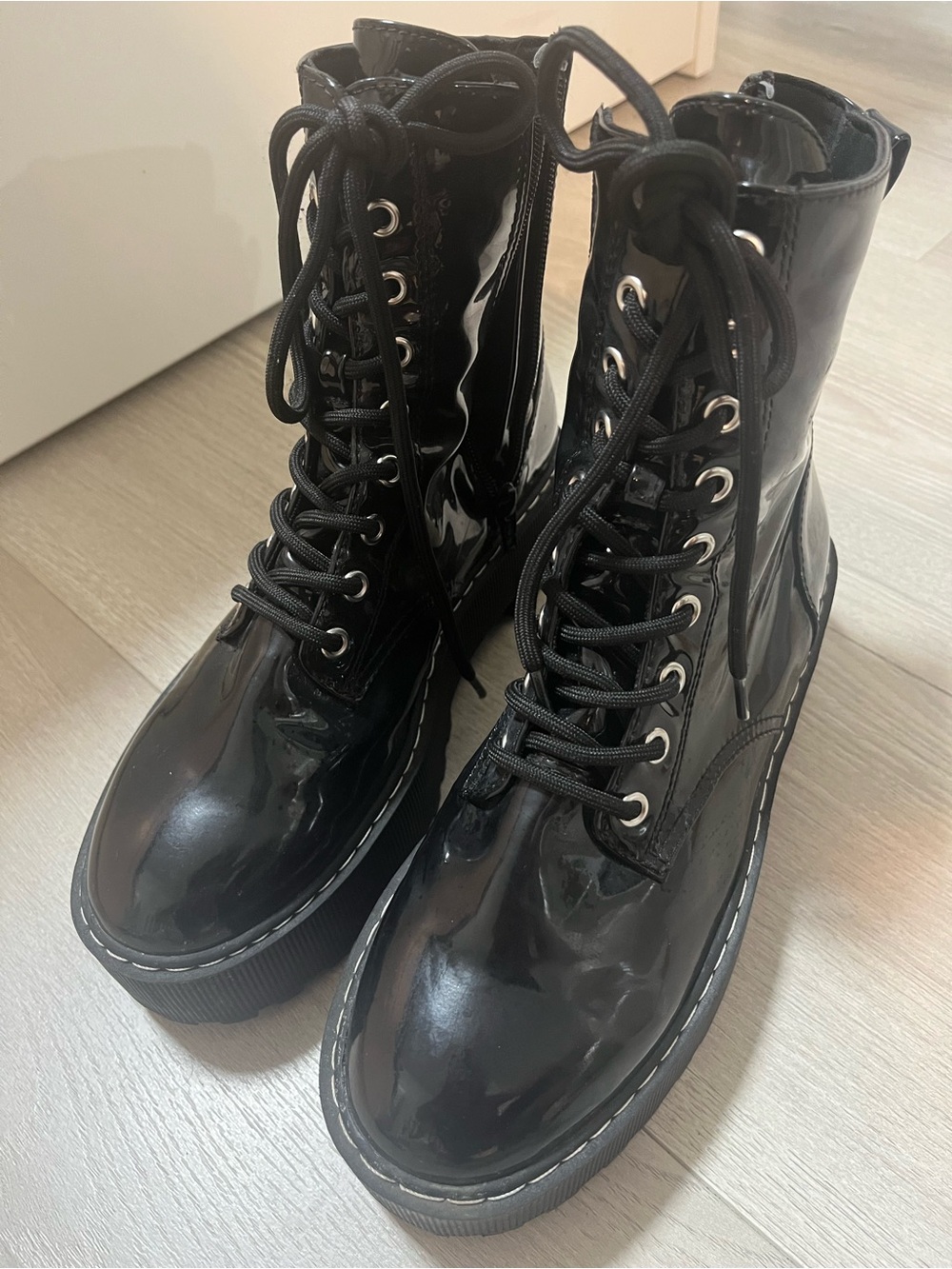 H&M Black Patent Lace-Up Combat Boots - Women